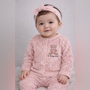 Chickpea Baby Girl Pink Plush Teddy Bear Lounge Set Bow Headband | NWT Size 6-9M